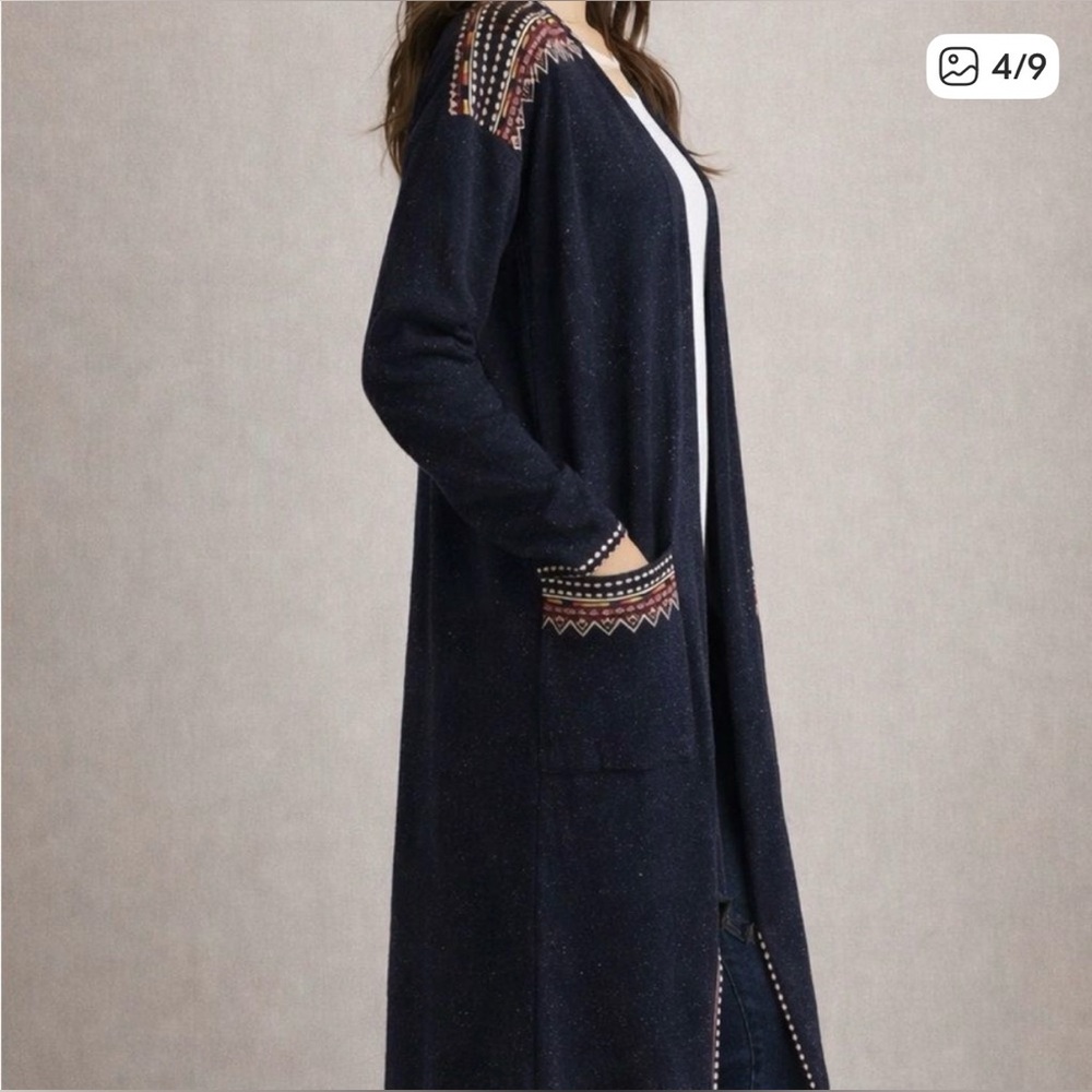 Soft Surroundings Navy Embroidered Open Front Cardigan
